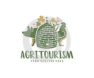 Agritourism, beehive, forbs, pig and rooster, logo design. Agriculture, farming, beekeeping, animal husbandry and poultry farming,