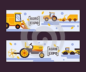 Agro exposition set of banners vector illustration. Harvesting machine. Equipment for agriculture. Industrial farm