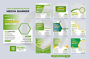 Agro farming service social media post bundle with green and blue colors. Lawn gardening service web banner template collection