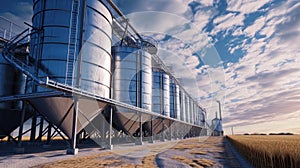 Agro silos granary elevator with seeds cleaning line on storage of agricultural products in rye corn or wheat field