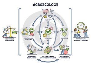 Agroecology as ecological agriculture and responsible farming outline diagram photo