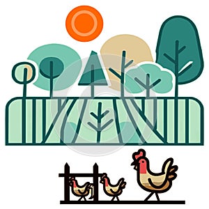 Agroforestry farmland chickens sun vector graphics