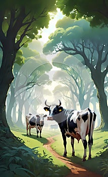 Agroforestry Harmony: Cows Grazing Amidst Trees and Nature photo