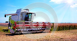 Agroindustrial industrial landscape with combine harvesters picking up hay on a rape field on a sunny day against a background of