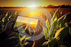 Agronomist farmer man using digital tablet computer in a young cornfield at sunset or sunrise