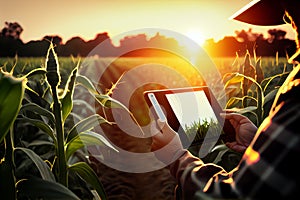 Agronomist farmer man using digital tablet computer in a young cornfield at sunset or sunrise