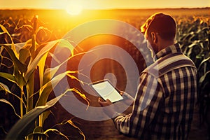 Agronomist farmer man using digital tablet computer in a young cornfield at sunset or sunrise