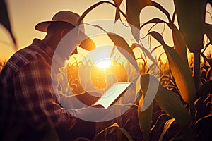 Agronomist farmer man using digital tablet computer in a young cornfield at sunset or sunrise