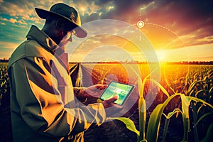 Agronomist farmer man using digital tablet computer in a young cornfield at sunset or sunrise