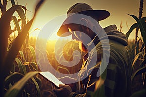 Agronomist farmer man using digital tablet computer in a young cornfield at sunset or sunrise