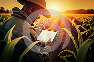 Agronomist farmer man using digital tablet computer in a young cornfield at sunset or sunrise