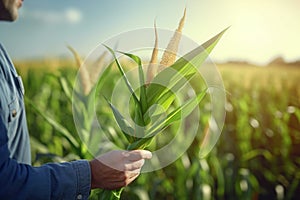 Agronomist farmer stands in a green field and examines immature green corn plants. Farmer inspects the crop. Generative AI