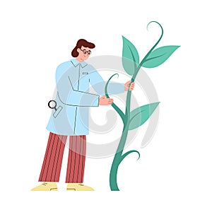 Agronomist with a plant, vector flat illustration on a white background.