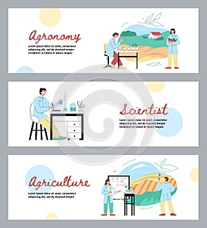 Agronomy and agricultural science technology banners, flat vector illustration.