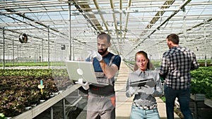 Agronomy engineers walking with laptop in a greenhouse