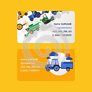 Agrotechnics set of business cards. Harvesting machines vector illustration. Equipment for agriculture. Workers on photo