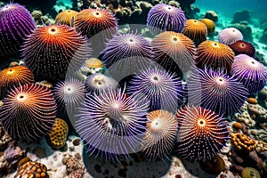 AGroup of sea urchins underwater ( purple sea urchin Paracentrotus lividus)