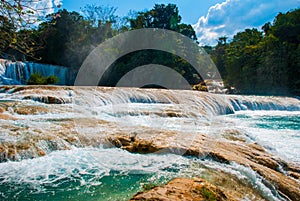 Agua Azul, Chiapas, Palenque, Mexico. Beautiful landscape with waterfall and turquoise water.