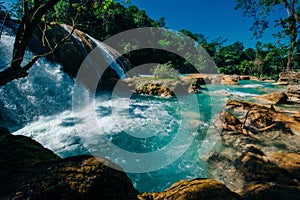 Agua Azul, Chiapas, Palenque, Mexico. View of the amazing waterfall