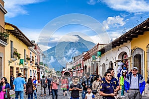 Agua volcano & tourists, Antigua, Guatemala