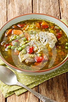 Aguadito de Pollo Chicken and Cilantro Soup closeup on the bowl. Vertical photo