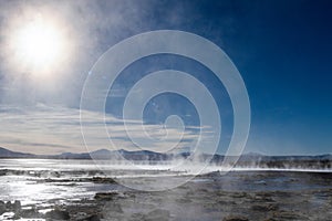 Aguas termales de Polques, hot springs with a pool of steaming natural thermal water in Bolivia