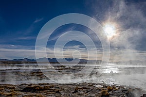 Aguas termales de Polques, hot springs with a pool of steaming natural thermal water in Bolivia