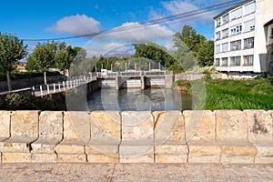 Aguilar de Campoo stone seats on bridge at entrance to the town Castilla y León, Spain