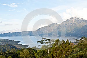 Agung volcano and Batur lake on sunset (Bali island)