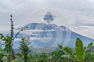 Agung volcano eruption view near rice fields, Bali