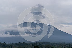 Agung volcano eruption view near rice fields, Bali