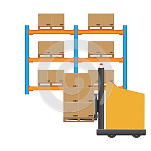 AGV Automated Guided Vehicles forklift trucks transport pallet of goods in modern warehouse