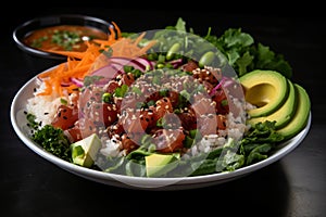 Ahi poke made of raw tuna chunks tossed over rice & topped with vegetables AI generated