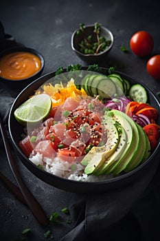 Ahi poke made of raw tuna chunks tossed over rice & topped with vegetables AI generated