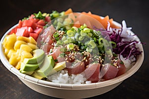 Ahi poke made of raw tuna chunks tossed over rice & topped with vegetables AI generated