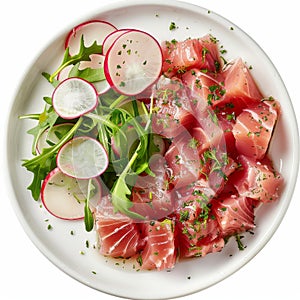 Ahi Tuna Seviche with Radish Slices and Rucola on White Plate Top View, Raw Fish Fillet Called Cebiche photo