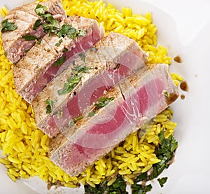 Ahi Tuna Steak With Rice and herbs