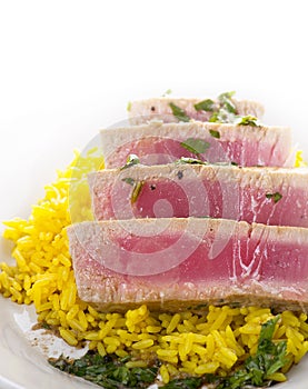 Ahi Tuna Steak With Rice and herbs sauce