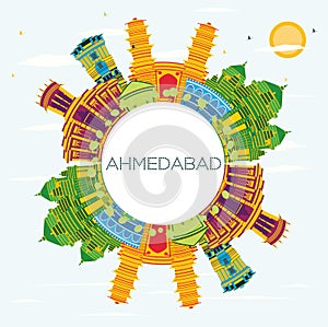 Ahmedabad India City Skyline with Color Buildings, Blue Sky and