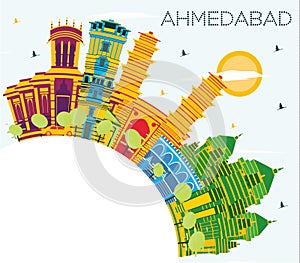 Ahmedabad India City Skyline with Color Buildings, Blue Sky and