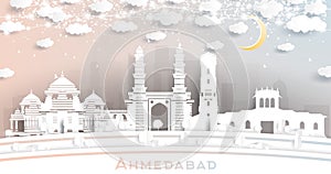 Ahmedabad India City Skyline in Paper Cut Style with Snowflakes, Moon and Neon Garland