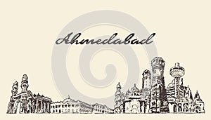 Ahmedabad skyline India vector hand drawn sketch