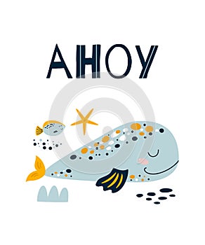 Ahoy boy Cute blue whale poster. Baby Shower and Ahoy kids sea invitation card template for kids design. Vector