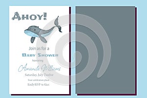 Ahoy ocean whale Nautical themed Blue Boy Baby Shower Invitation