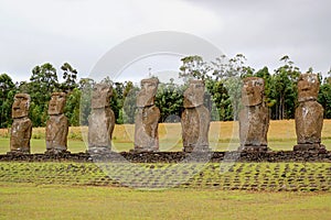 Ahu Akivi Ceremonial Platform which the Group of Moai Statues Looking Out Towards Pacific Ocean, Easter Island, Chile