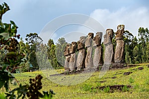 Ahu Akivi  in Rapa Nui or Easter Island in the ValparaÃ­so Region of Chile