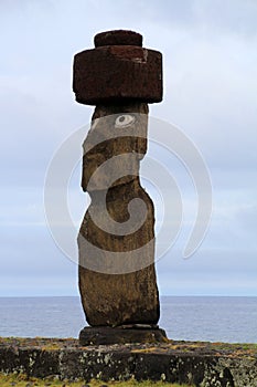 Ahu Ko Te Riku, the only complete moai on Easter Island, Rapa Nui, Polynesia, Chile, South America photo