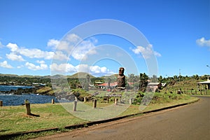 Ahu Mata Ote Vaikava with Gigantic Moai on the Coast of Hanga Roa, Archaeological site on Easter Island, Chile