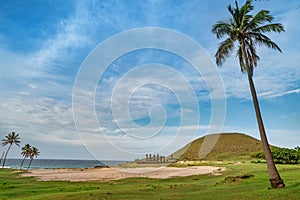 Ahu Nao-Nao Moais statues at Anakena beach at Easter Island, Rapa Nui National Park, Chile