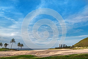 Ahu Nao-Nao Moais statues at Anakena beach at Easter Island, Rapa Nui National Park, Chile